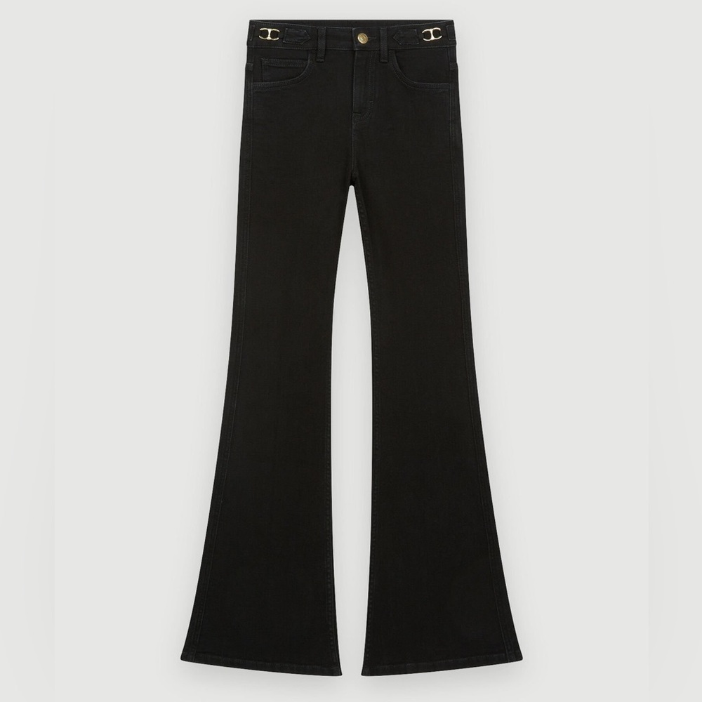 Maje Black High-Waist Flare Jeans Gold Horsebit Hardware Y2K Size 40|US L $325